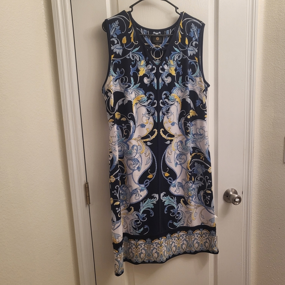 JM Collection Navy and Yellow Patterned Dress - Picture 3 of 7